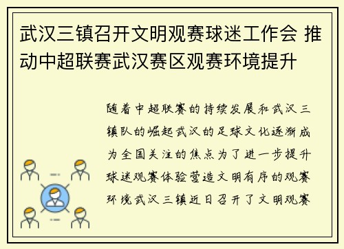 武汉三镇召开文明观赛球迷工作会 推动中超联赛武汉赛区观赛环境提升