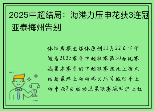 2025中超结局：海港力压申花获3连冠 亚泰梅州告别